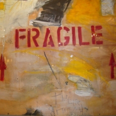 Handle with Care<br>2012<br>48 x 54<br>Oil, mixed media, on salvaged shipping crate<br><em></em>